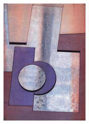 Abstract geometric composition with rectangles and a circle in shades of purple, blue, and peach.