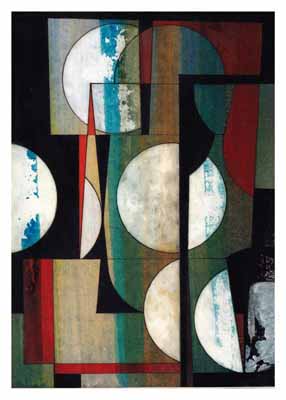 Abstract geometric composition with overlapping rectangles and textured white circles on a black background.