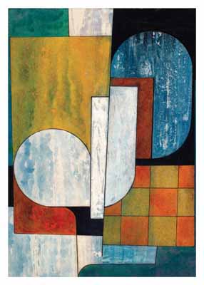 Abstract geometric painting with rectangles, squares, circles, and layering in blue, green, orange, and white tones.