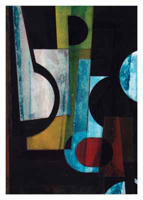 Abstract geometric composition with overlapping shapes in blue, black, yellow, and red tones.