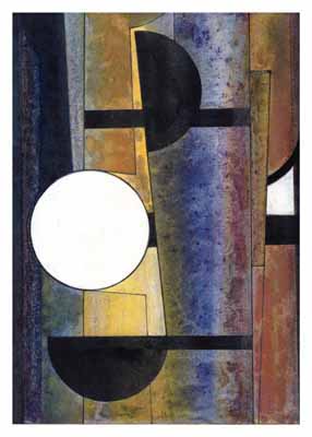 Abstract geometric composition with vertical and horizontal lines, circles, and rectangles in muted earth tones.