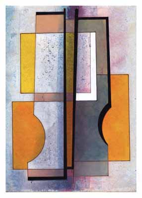 Abstract composition of geometric shapes and translucent rectangles in muted yellows, grays, and oranges.