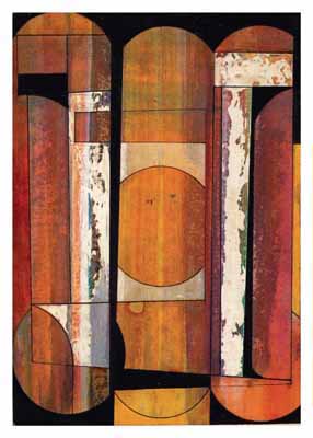 Abstract vertical and curved shapes with textured orange, white, and brown colors on black background.