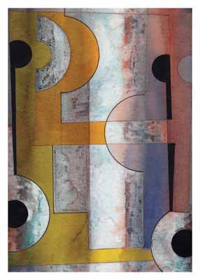Abstract geometric painting with interlocking shapes in yellow, gray, blue, and black on textured background.