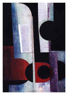 Abstract geometric shapes in black, white, red, and blue with circular and rectangular forms.
