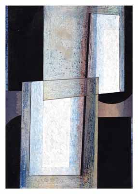 Abstract composition of overlapping rectangular shapes in muted tones of grey, blue, and black.