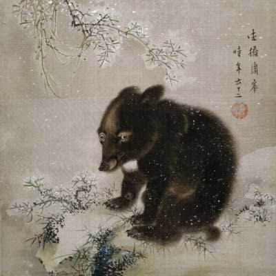 Painting of a black bear cub sitting on snow-covered ground under a tree branch with falling snow.