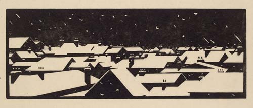 Black-and-white illustration of rooftops covered in snow under a dark sky with falling snowflakes.