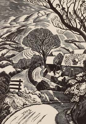 Black and white drawing of a winding road by trees and houses in a rural hilly landscape.