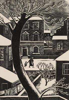 Black and white woodcut of a snowy London street scene with buildings, a large tree, and a person walking a dog.