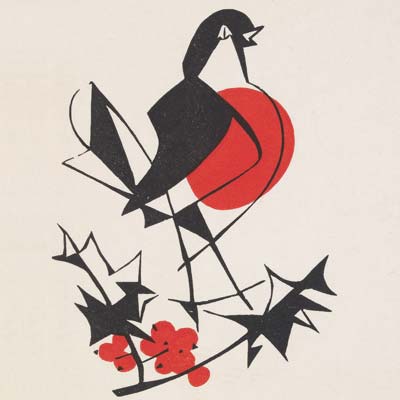 Abstract black and red bird perched on stylized branches with red berries and a red circle background.