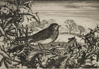 Black and white sketch of a robin perched on a holly branch with berries in a winter landscape.
