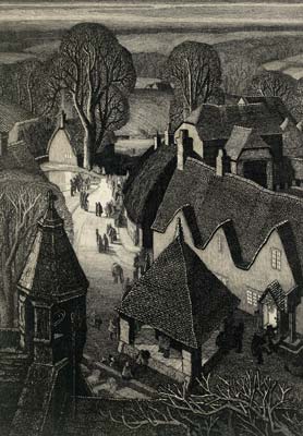 Black and white illustration of a village street with large trees, houses, and small walking figures.