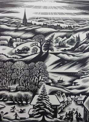 Black and white winter landscape with village, trees, church steeple, and people skating on ice.