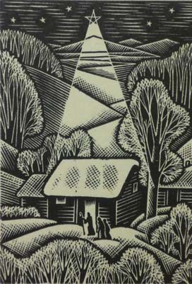 Black and white woodcut-style scene of a house with two people and a large star shining above.