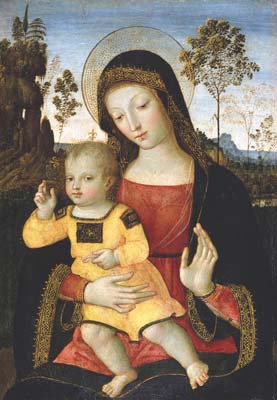 Painting of Virgin Mary holding baby Jesus, both with halos, against a natural outdoor background.