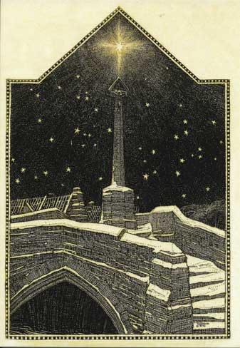 Stone stairway and bridge under a starry night sky with a bright star shining above a tall column.