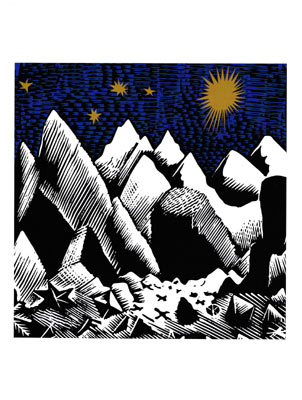 Illustration of jagged mountains under a dark blue sky with a golden sun and stars.