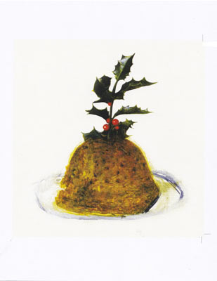 Illustration of a Christmas pudding topped with holly leaves and red berries on a white plate.