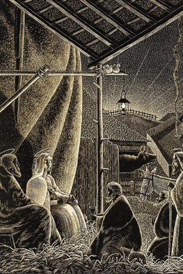 Black and white nativity scene with Mary, Joseph, shepherds, star, and animals in a stable.
