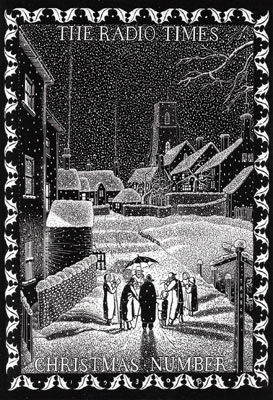 Black and white cover of The Radio Times showing a snowy village street with people under an umbrella.