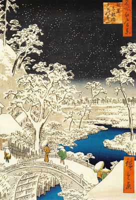 Snow-covered trees and bridge over blue river under starry night sky in Japanese woodblock style.