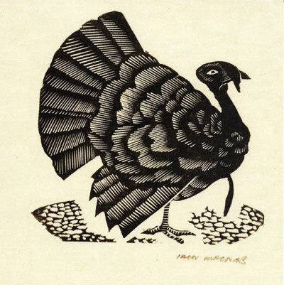 Black and white stylized turkey illustration with detailed feather patterns on a beige background.