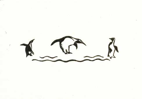 Black ink drawing of three penguins on white background with wavy lines below them.