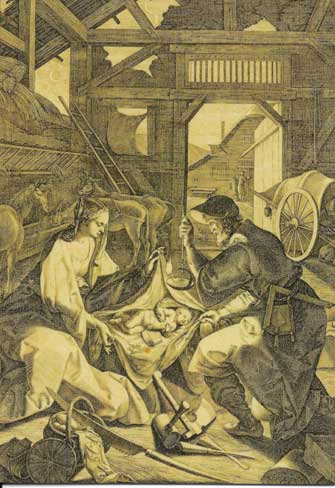 Nativity scene with Mary, Joseph, and baby Jesus in a rustic barn with animals and tools.