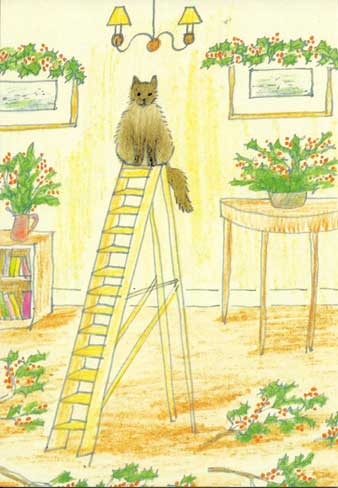 Illustration of a cat sitting atop a yellow ladder in a room with potted plants and framed pictures.