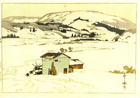 Minimalist landscape painting with a house in the foreground and distant hills in soft yellow tones.