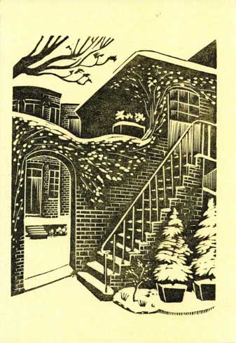Black and white illustration of brick stairs, potted plants, and tree branches on a yellow background.
