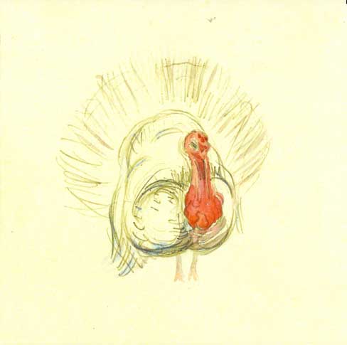 Watercolor sketch of a turkey with a red wattle and fanned tail feathers.