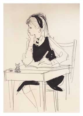 Sketch of a girl in a headband and dress sitting at a desk with a small toy on it.