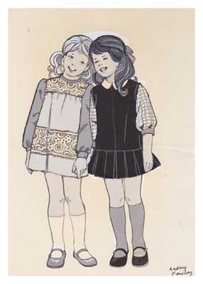 Black and white illustration of two girls holding hands and smiling, wearing dresses and shoes.