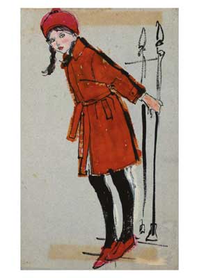 Drawing of a girl in a red coat, hat, and shoes, holding two long sticks behind her back.
