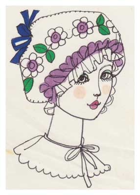 Hand-drawn woman in vintage bonnet with pink flowers, green leaves, purple trim, and a blue bow.