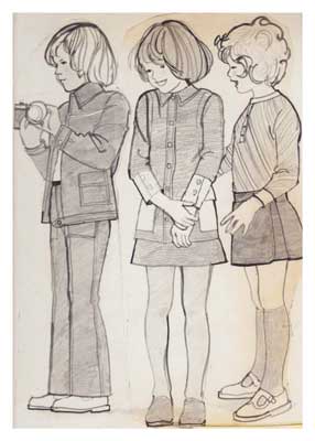 Sketch of three girls with different hairstyles and vintage-style clothes standing side by side.