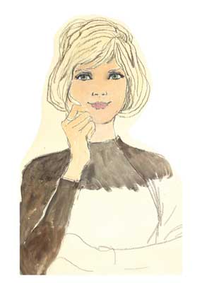 Watercolor portrait of a woman with short blond hair wearing a dark top, looking thoughtfully forward.
