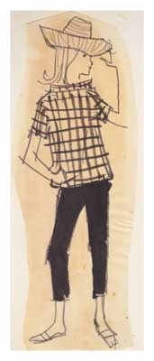 Sketch of a person in a hat, checkered shirt, and pants, standing in a side pose.
