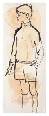 Simple ink sketch of a standing young boy in shorts, viewed in profile with hands behind his back.