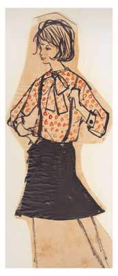 Vintage fashion illustration of a woman in a patterned blouse with a bow and black skirt.