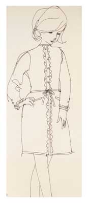 Black line sketch of a woman in a dress with ruffles and a ribbon belt, looking down and posing.