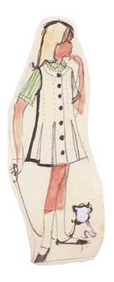 Watercolor sketch of a woman in a short dress with buttons, holding a leash for a small dog.