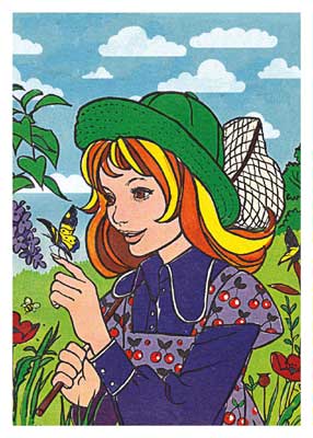Young girl in green hat and cherry dress holding a butterfly net, reaching toward a butterfly.