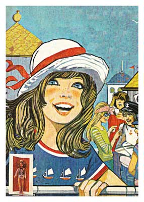 Illustration of a smiling girl in a white hat with red ribbon and a blue shirt with sailboats.