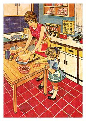 Vintage-style illustration of a woman and a girl baking together in a kitchen with red tiled floor.