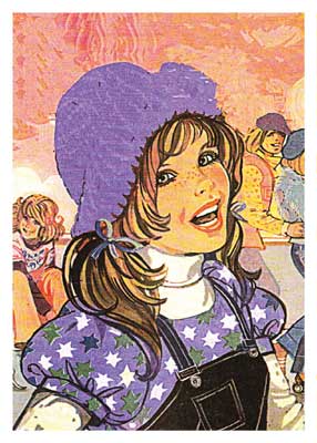 Illustration of a smiling girl in a purple star-patterned hooded shirt and overalls with others in the background.