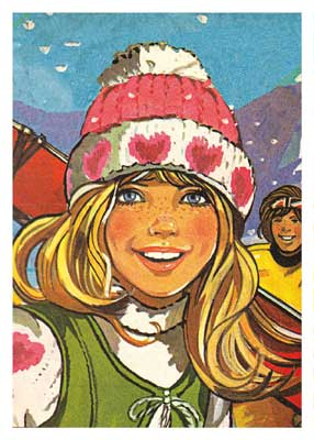 Illustration of a smiling blonde girl wearing a pink and white beanie with heart patterns.