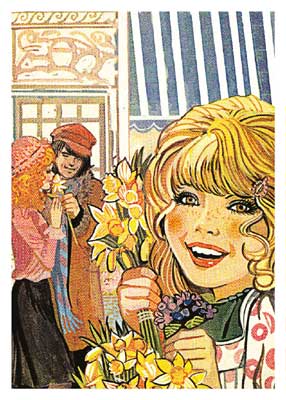 Smiling blonde girl holding flowers with a couple talking behind her near a building.